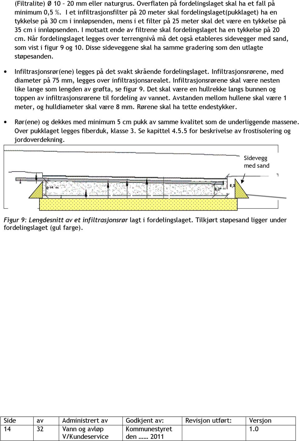 I motsatt ende av filtrene skal fordelingslaget ha en tykkelse på 20 cm. Når fordelingslaget legges over terrengnivå må det også etableres sidevegger med sand, som vist i figur 9 og 10.