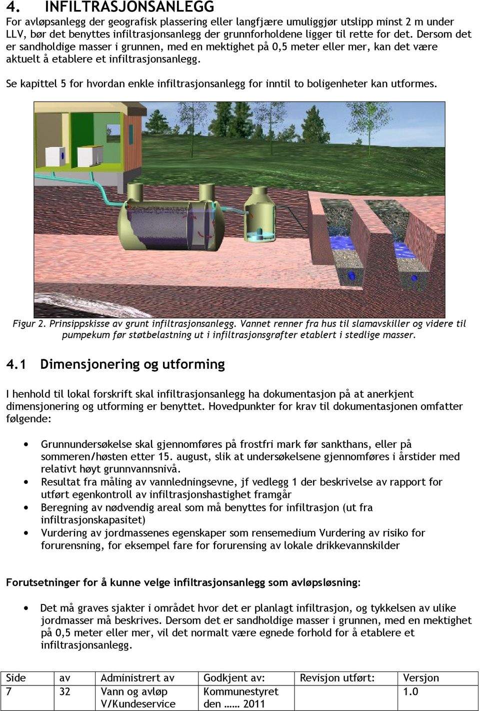 Se kapittel 5 for hvordan enkle infiltrasjonsanlegg for inntil to boligenheter kan utformes. Figur 2. Prinsippskisse av grunt infiltrasjonsanlegg.