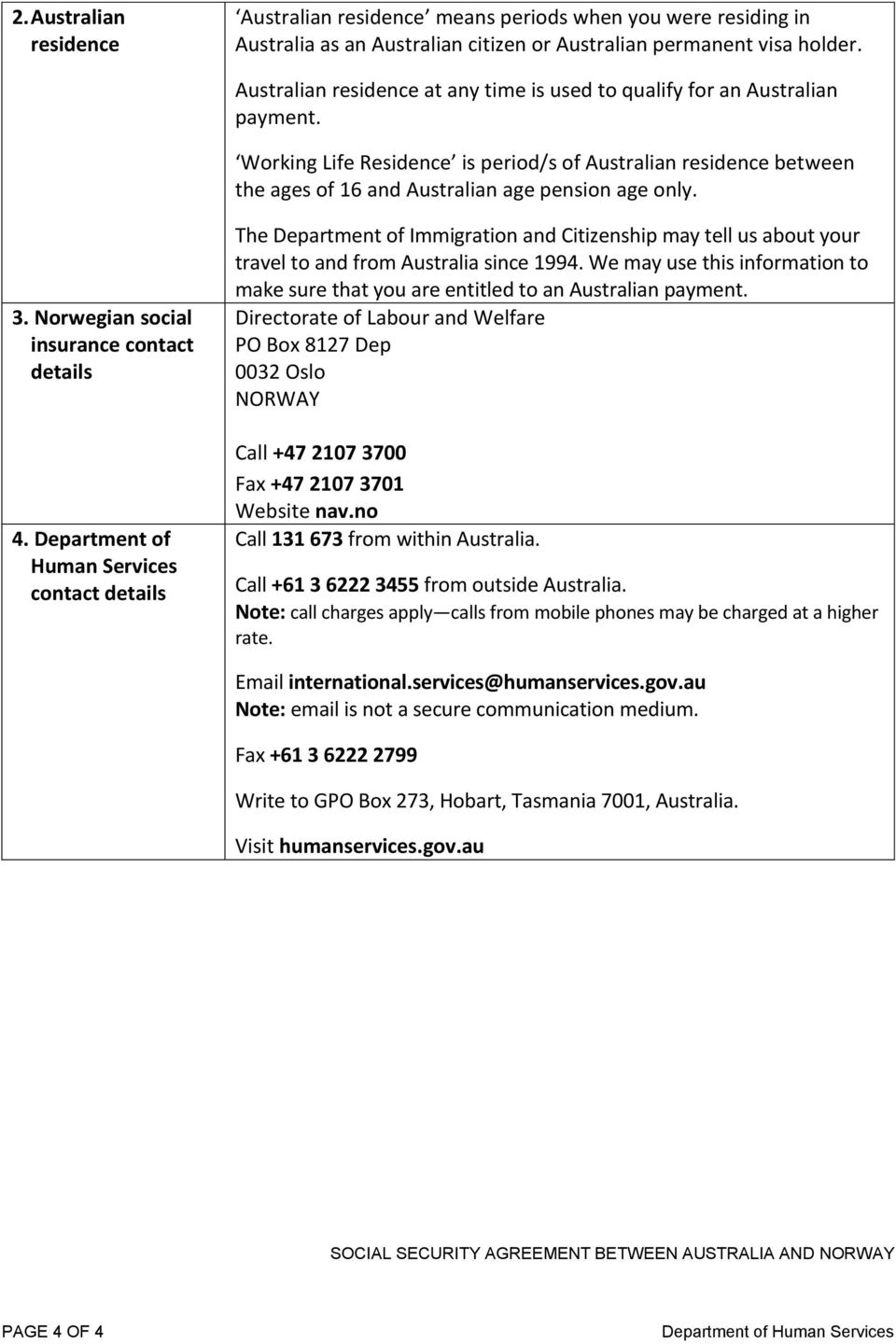 Norwegian social insurance contact details 4. Department of Human Services contact details The Department of Immigration and Citizenship may tell us about your travel to and from Australia since 1994.