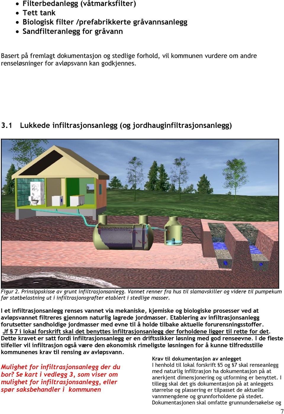 Vannet renner fra hus til slamavskiller og videre til pumpekum før støtbelastning ut i infiltrasjonsgrøfter etablert i stedlige masser.