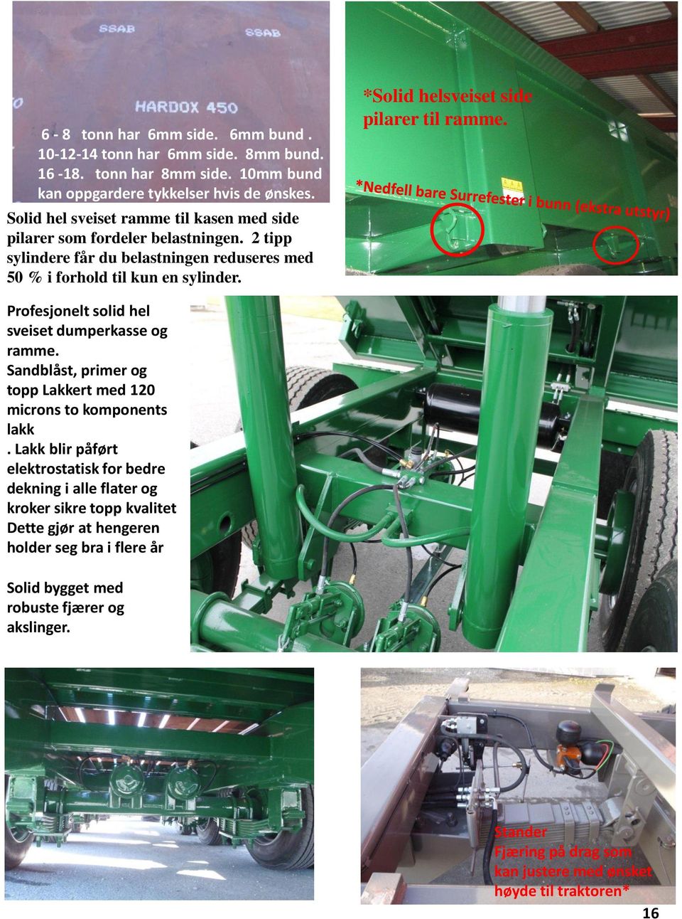 *Solid helsveiset side pilarer til ramme. Profesjonelt solid hel sveiset dumperkasse og ramme. Sandblåst, primer og topp Lakkert med 120 microns to komponents lakk.