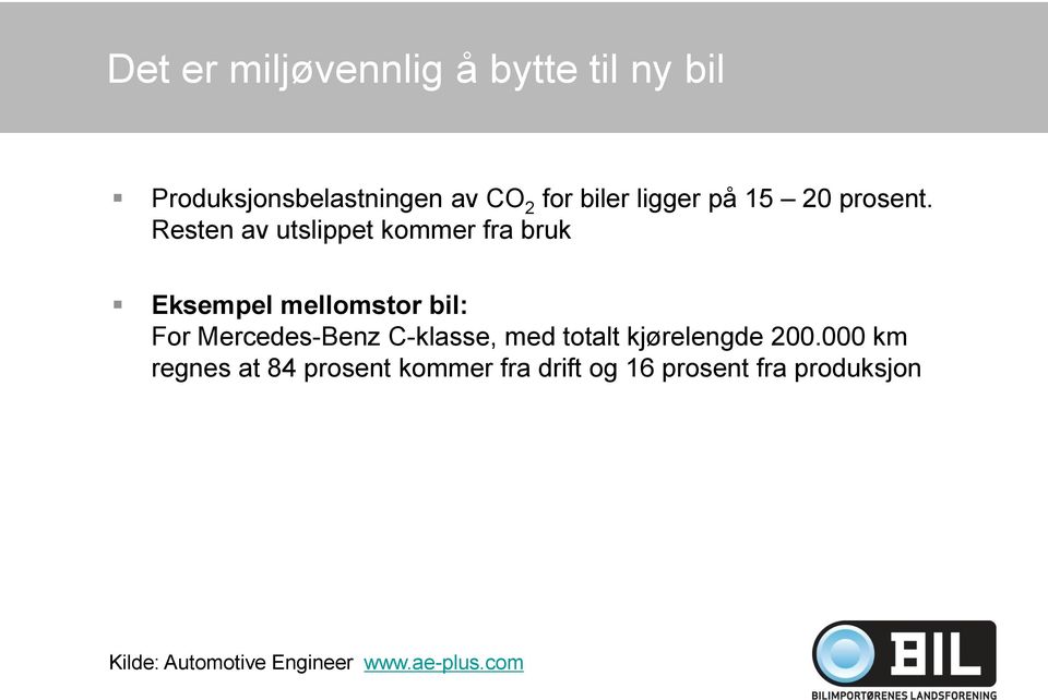 Resten av utslippet kommer fra bruk Eksempel mellomstor bil: For Mercedes-Benz