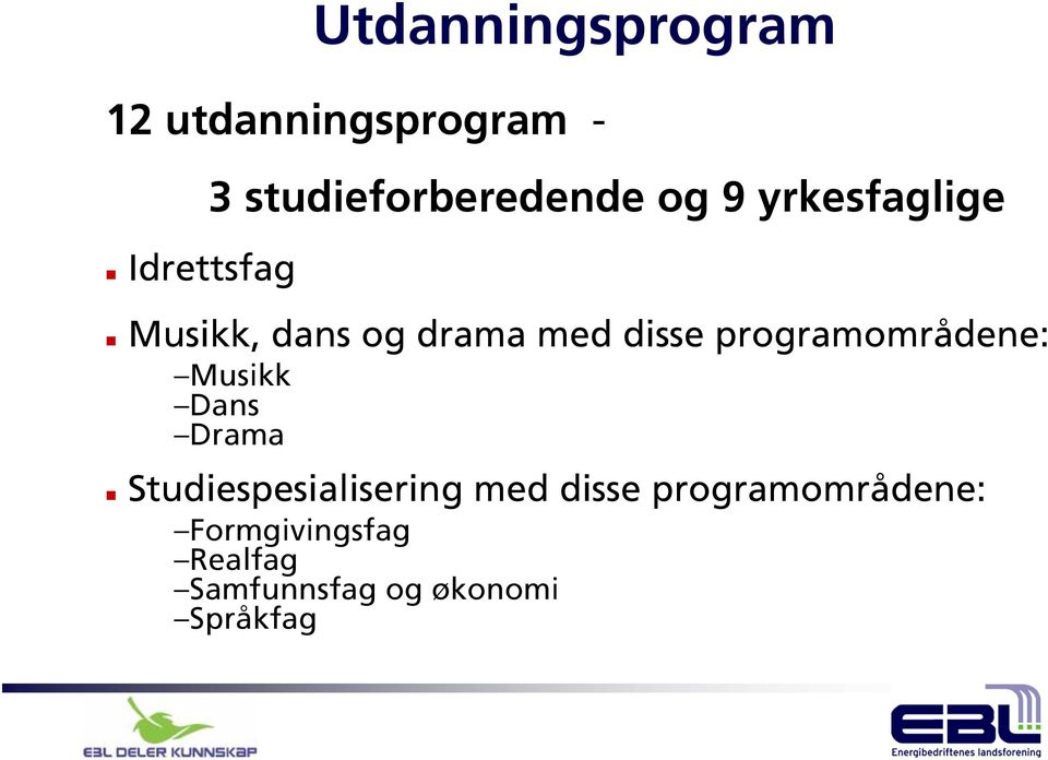 disse programområdene: Musikk Dans Drama Studiespesialisering