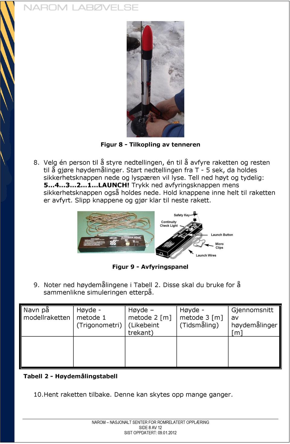 Hold knappene inne helt til raketten er avfyrt. Slipp knappene og gjør klar til neste rakett. Figur 9 - Avfyringspanel 9. Noter ned høydemålingene i Tabell 2.