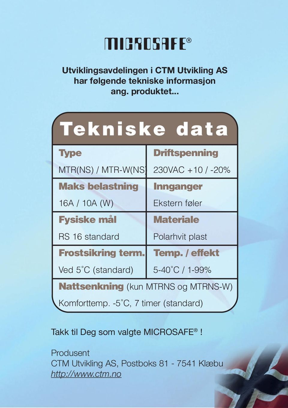 Materiale RS 16 standard Polarhvit plast Frostsikring term. Temp.