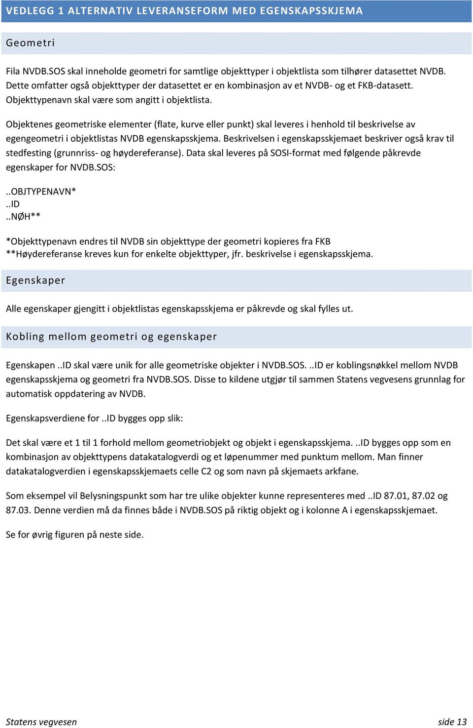 Objektenes geometriske elementer (flate, kurve eller punkt) skal leveres i henhold til beskrivelse av egengeometri i objektlistas NVDB egenskapsskjema.