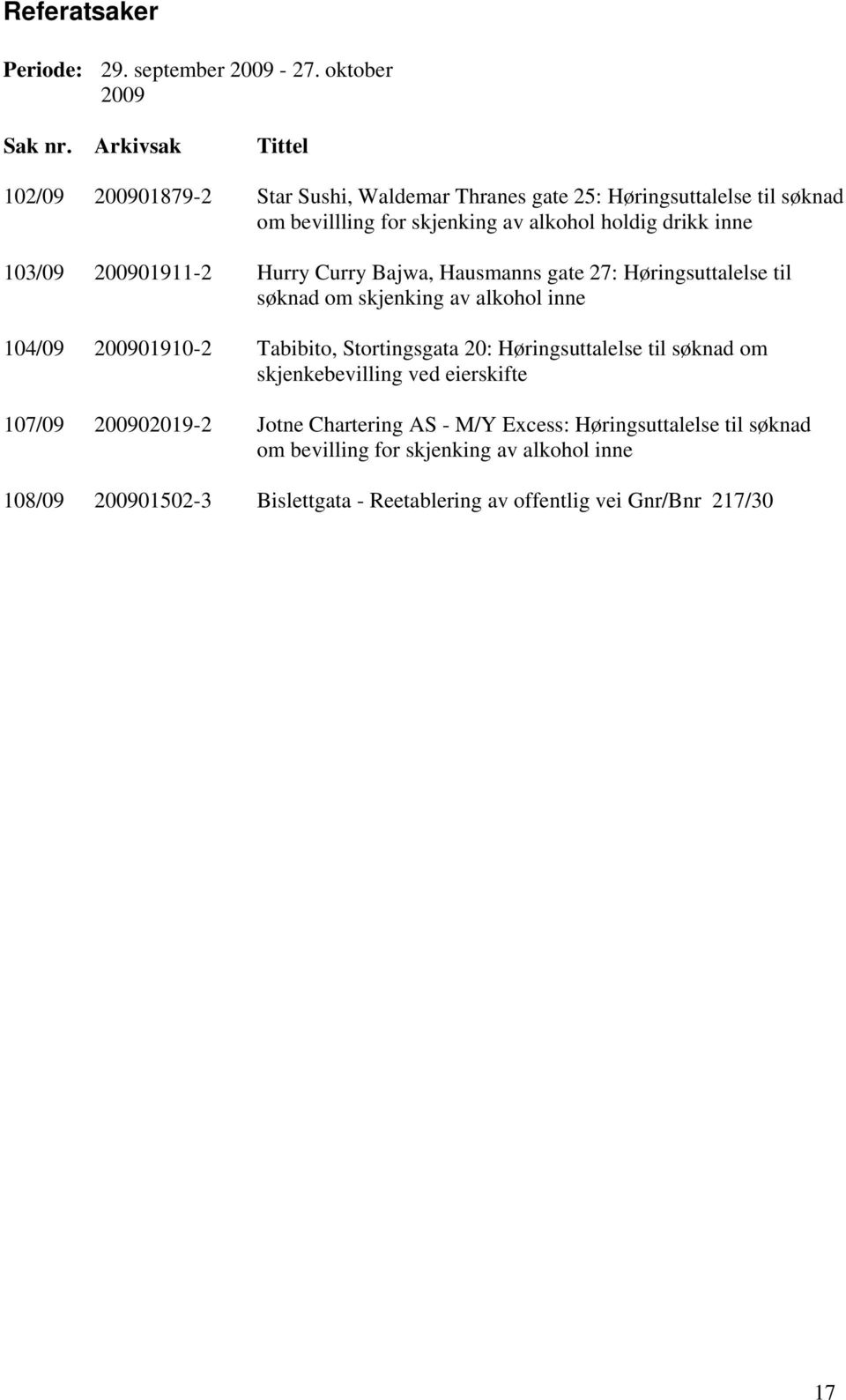 103/09 200901911-2 Hurry Curry Bajwa, Hausmanns gate 27: Høringsuttalelse til søknad om skjenking av alkohol inne 104/09 200901910-2 Tabibito, Stortingsgata 20: