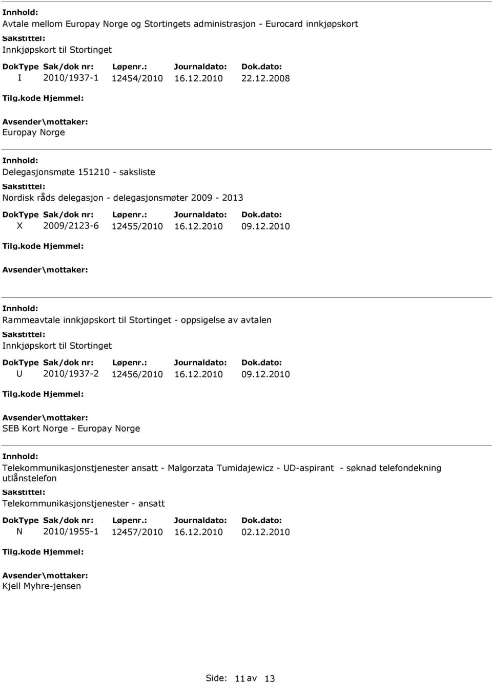 12.2010 SEB Kort Norge - Europay Norge Telekommunikasjonstjenester ansatt - Malgorzata Tumidajewicz - D-aspirant - søknad telefondekning utlånstelefon