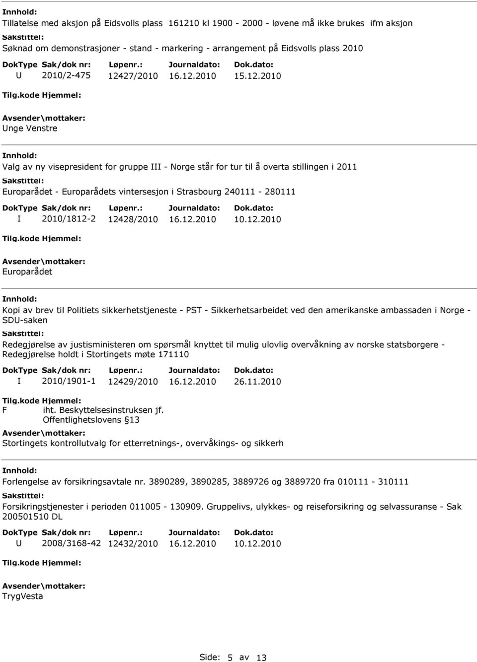 12428/2010 10.12.2010 Europarådet Kopi av brev til Politiets sikkerhetstjeneste - PST - Sikkerhetsarbeidet ved den amerikanske ambassaden i Norge - SD-saken Redegjørelse av justisministeren om