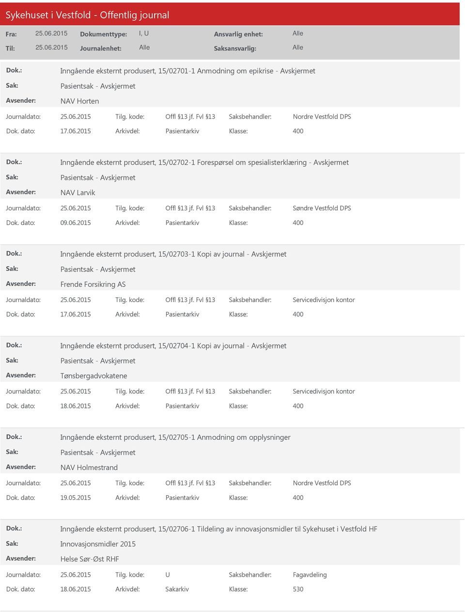 2015 Arkivdel: Pasientarkiv Inngående eksternt produsert, 15/02703-1 Kopi av journal - Pasientsak - Frende Forsikring AS Servicedivisjon kontor Dok. dato: 17.06.