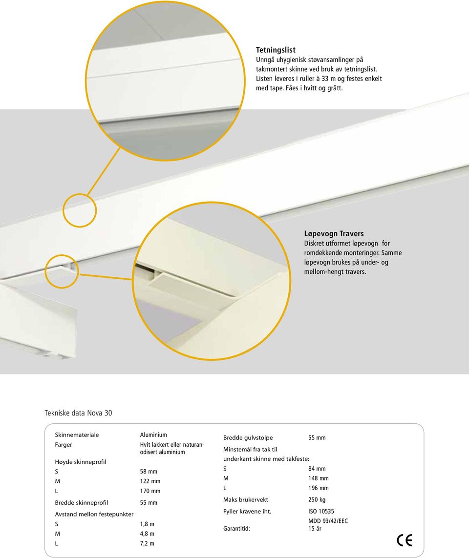 Tekniske data Nova 30 Skinnemateriale Farger Høyde skinneprofil S M L Bredde skinneprofil Avstand mellon festepunkter S M L Aluminium Hvit lakkert eller naturanodisert aluminium