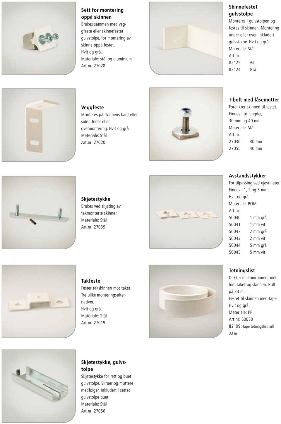 82125 Vit 82124 Grå Veggfeste Monteres på skinnens kant eller side. Under eller overmontering. 27020 T-bolt med låsemutter Forankrer skinnen til festet. Finnes i to lengder, 30 mm og 40 mm.