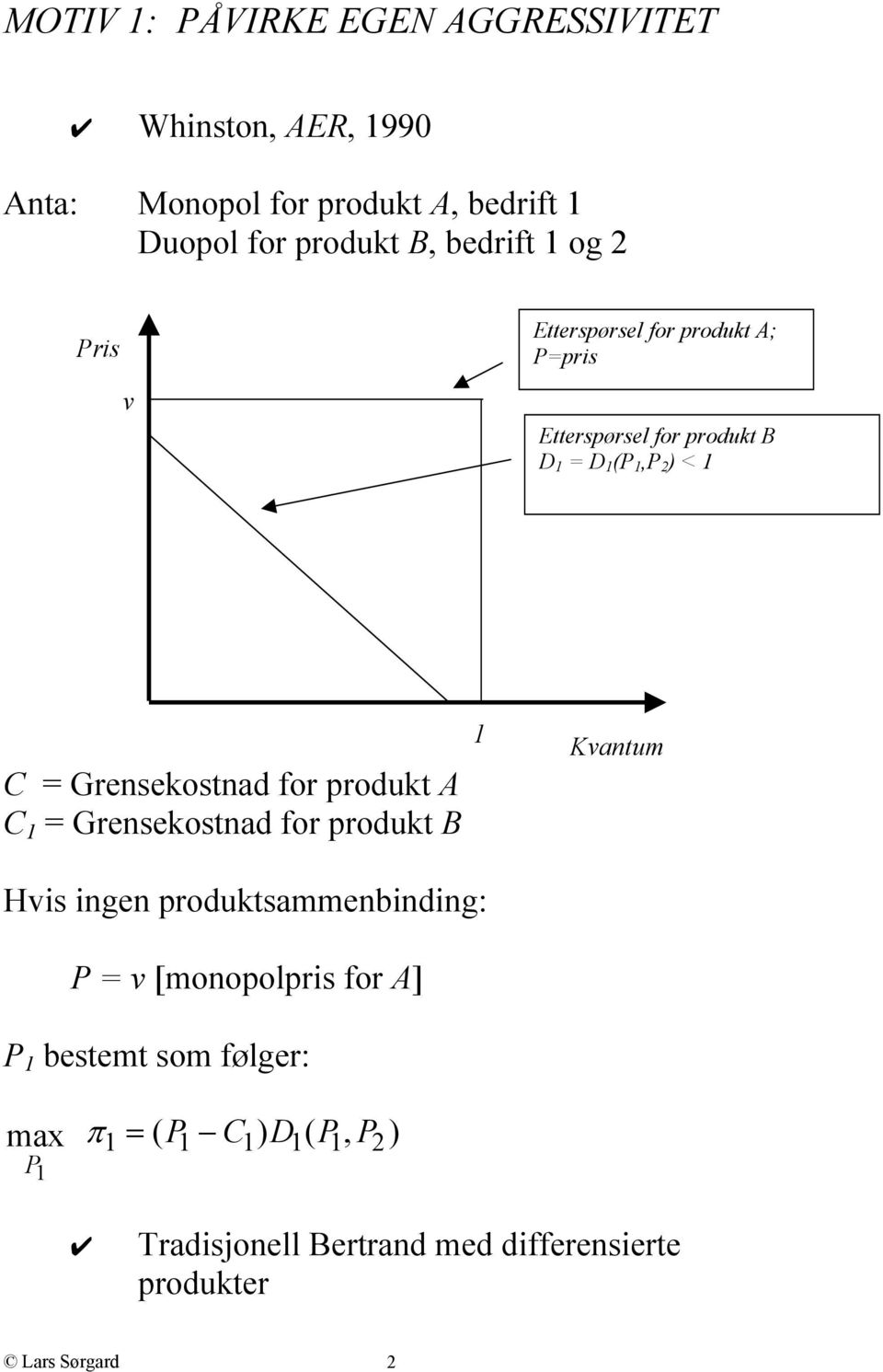 Grensekostnad for produkt A C 1 = Grensekostnad for produkt B 1 Kvantum Hvis ingen produktsammenbinding: P = v