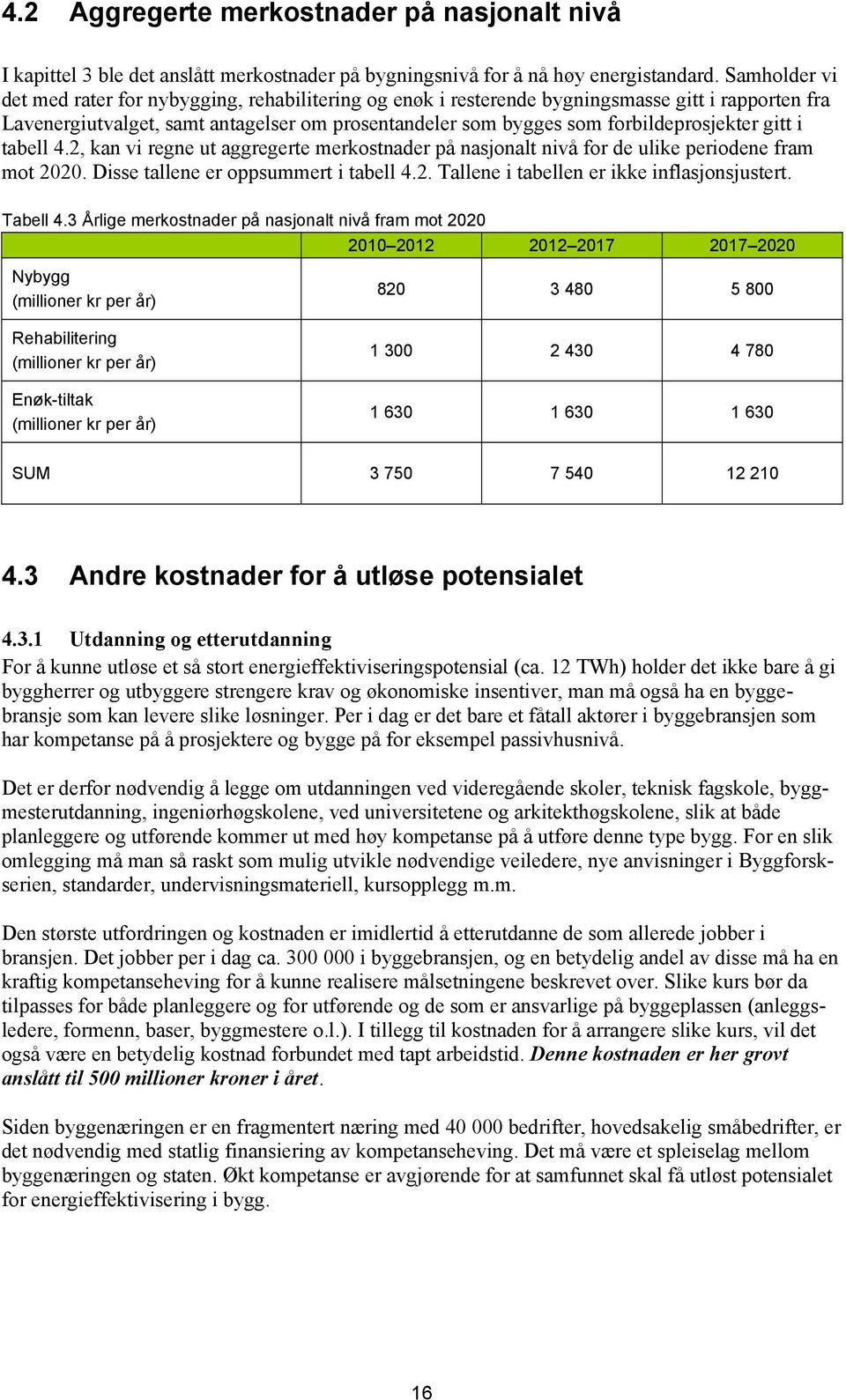 gitt i tabell 4.2, kan vi regne ut aggregerte merkostnader på nasjonalt nivå for de ulike periodene fram mot 2020. Disse tallene er oppsummert i tabell 4.2. Tallene i tabellen er ikke inflasjonsjustert.