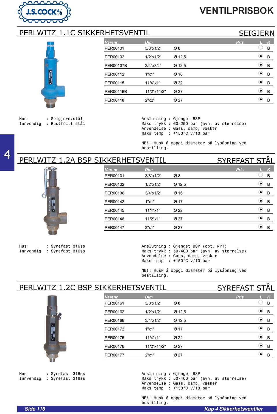 Ø 27 B Hus : Seigjern/stål Innvendig : Rustfritt stål Anslutning : Gjenget BSP Maks trykk : 60-250 bar (avh.