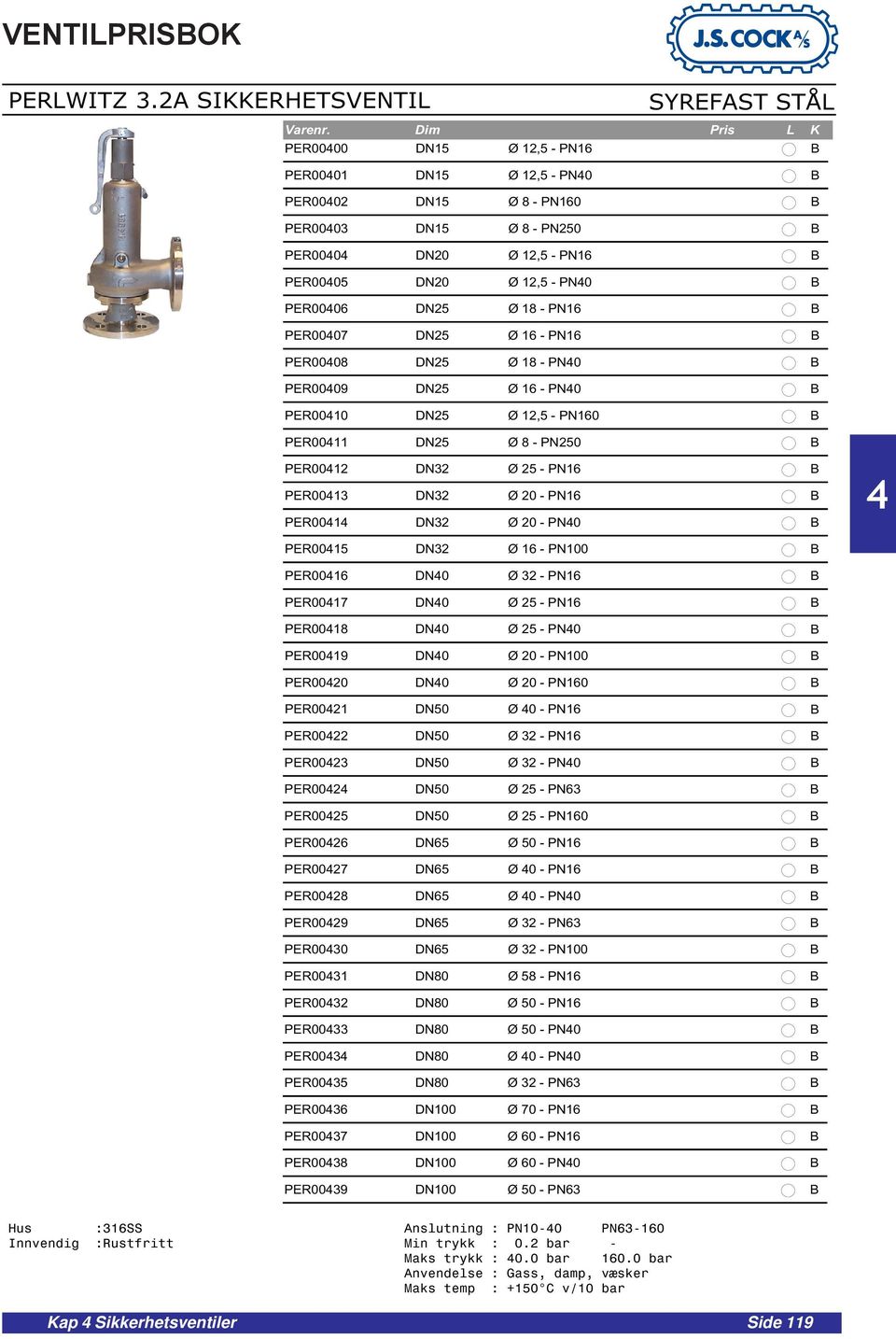 B PER0006 DN25 Ø 18 - PN16 B PER0007 DN25 Ø 16 - PN16 B PER0008 DN25 Ø 18 - PN0 B PER0009 DN25 Ø 16 - PN0 B PER0010 DN25 Ø 12,5 - PN160 B PER0011 DN25 Ø 8 - PN250 B PER0012 DN32 Ø 25 - PN16 B PER0013