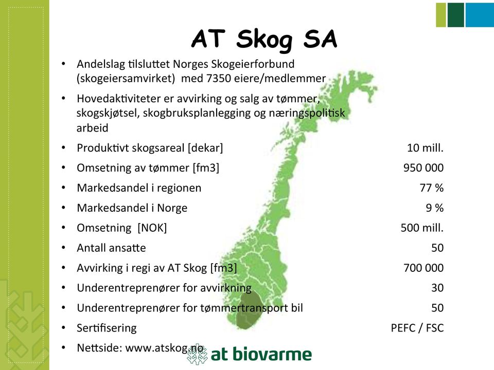 Omsetning av tømmer [fm3] 950 000 Markedsandel i regionen 77 % Markedsandel i Norge 9 % Omsetning [NOK] 500 mill.