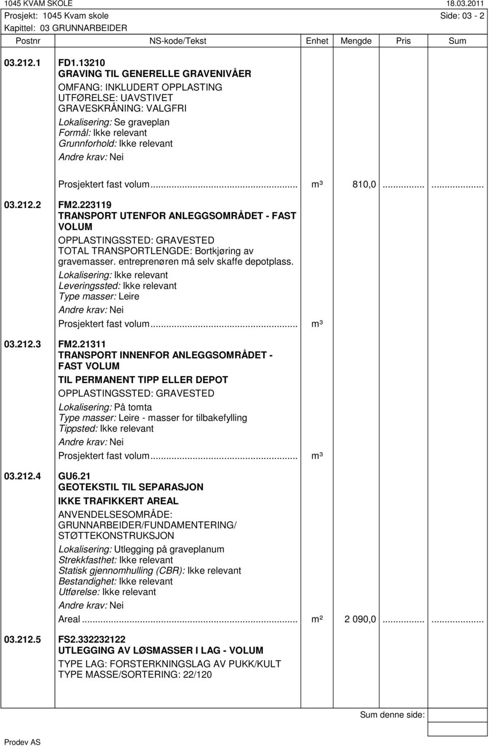 Prosjektert fast volum... m³ 810,0...... 03.1. FM.3119 TRANSPORT UTENFOR ANLEGGSOMRÅDET - FAST VOLUM OPPLASTINGSSTED: GRAVESTED TOTAL TRANSPORTLENGDE: Bortkjøring av gravemasser.