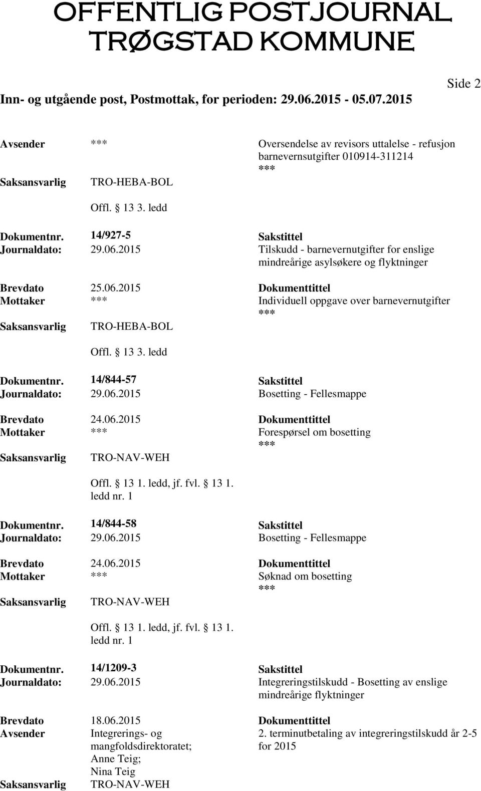 14/844-57 Sakstittel Journaldato: 29.06.2015 Bosetting - Fellesmappe Brevdato 24.06.2015 Dokumenttittel Mottaker Forespørsel om bosetting TRO-NAV-WEH Dokumentnr. 14/844-58 Sakstittel Journaldato: 29.