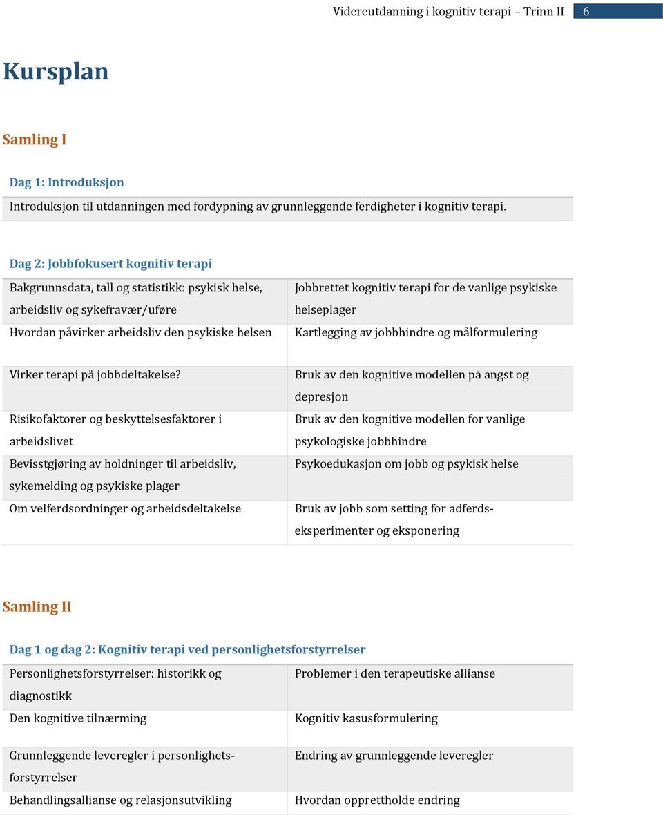 vanlige psykiske helseplager Kartlegging av jobbhindre og målformulering Virker terapi på jobbdeltakelse?