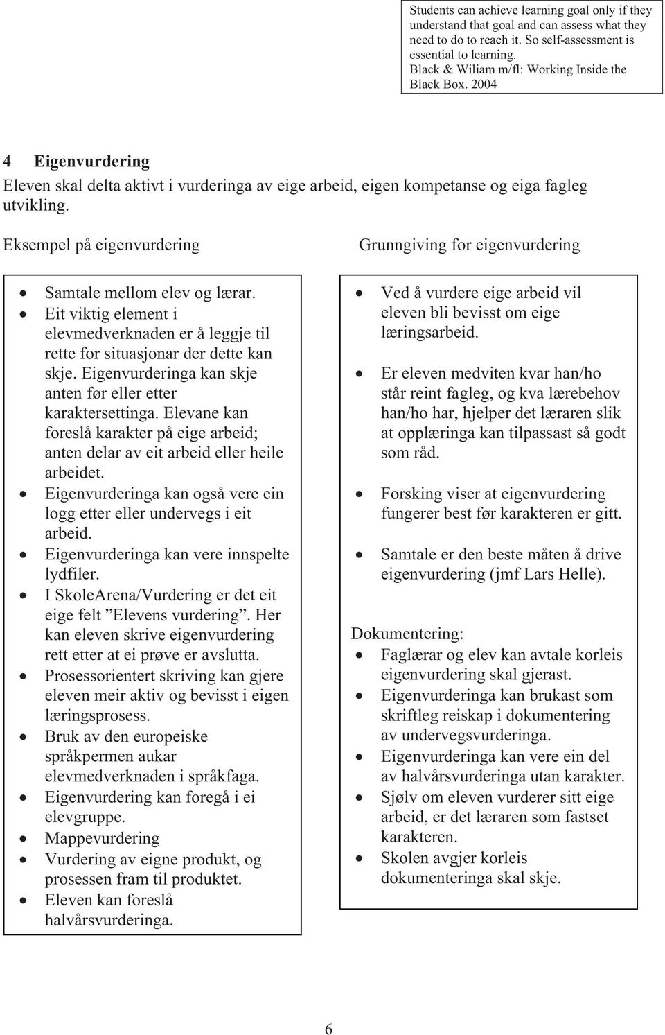 Eksempel på eigenvurdering Grunngiving for eigenvurdering Samtale mellom elev og lærar. Eit viktig element i elevmedverknaden er å leggje til rette for situasjonar der dette kan skje.