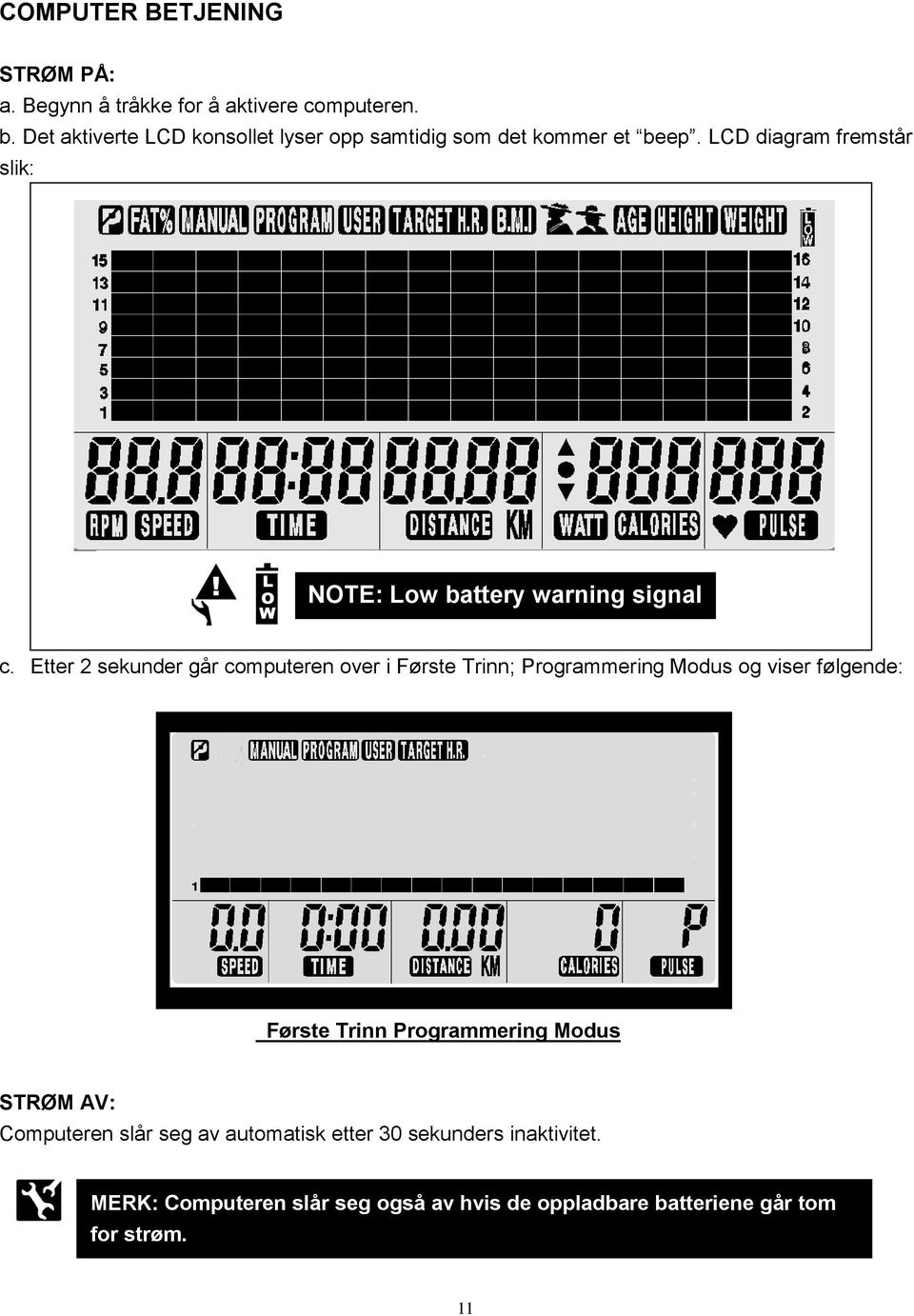 LCD diagram fremstår slik: NOTE: Low battery warning signal c.