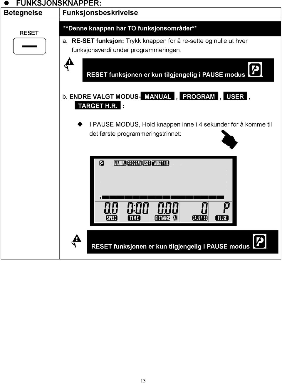 RESET funksjonen er kun tilgjengelig i PAUSE modus. b. ENDRE VALGT MODUS- MANUAL, PROGRAM, USER, TARGET H.R. : I