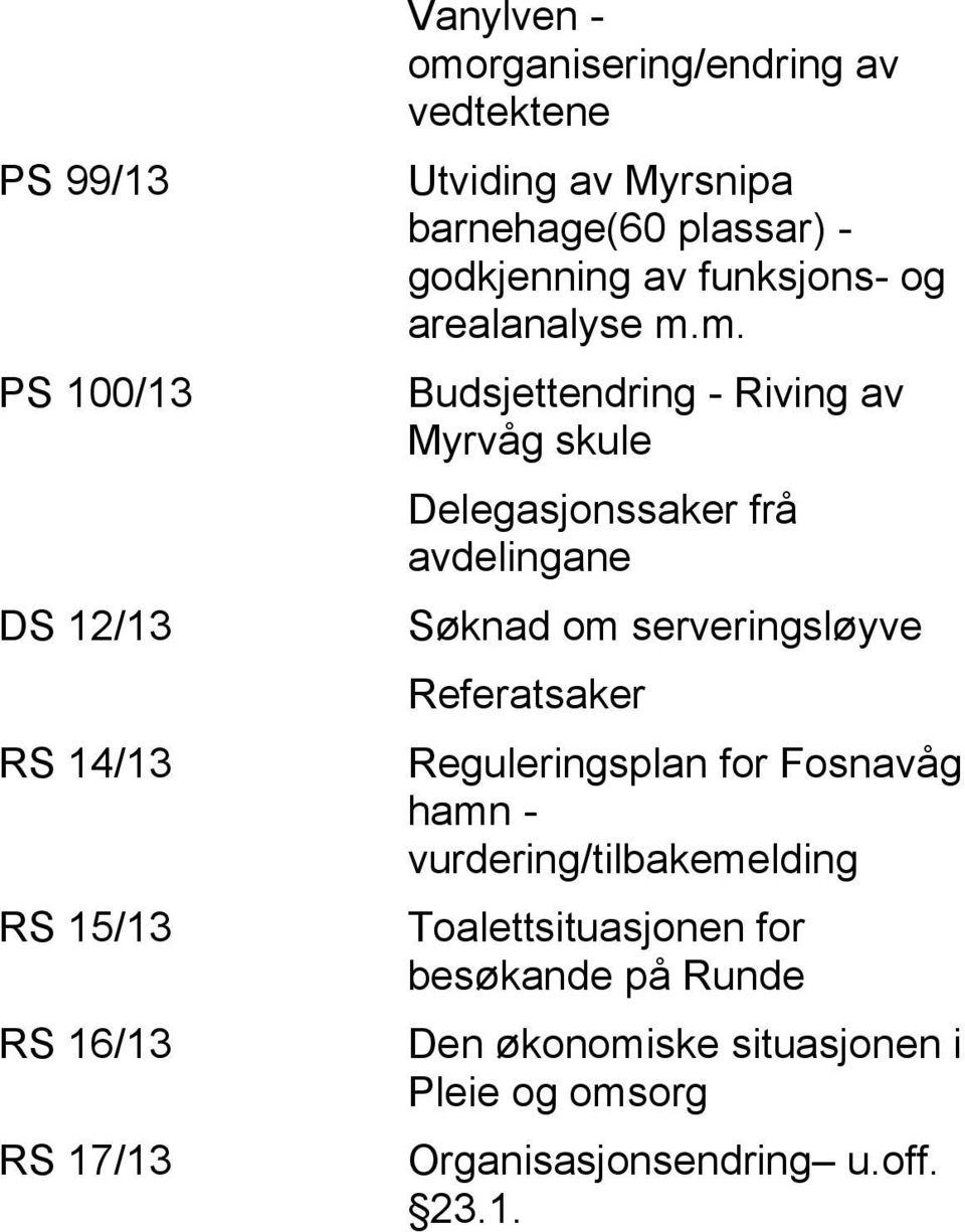 m. Budsjettendring - Riving av Myrvåg skule Delegasjonssaker frå avdelingane Søknad om serveringsløyve Referatsaker