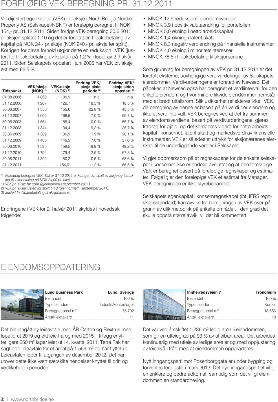 Korrigert for disse forhold utgjør dette en reduksjon i VEK (justert for tilbakebetaling av kapital) på 1,2 % i løpet av 2. halvår 2011. Siden Selskapets oppstart i juni 2006 har VEK pr.