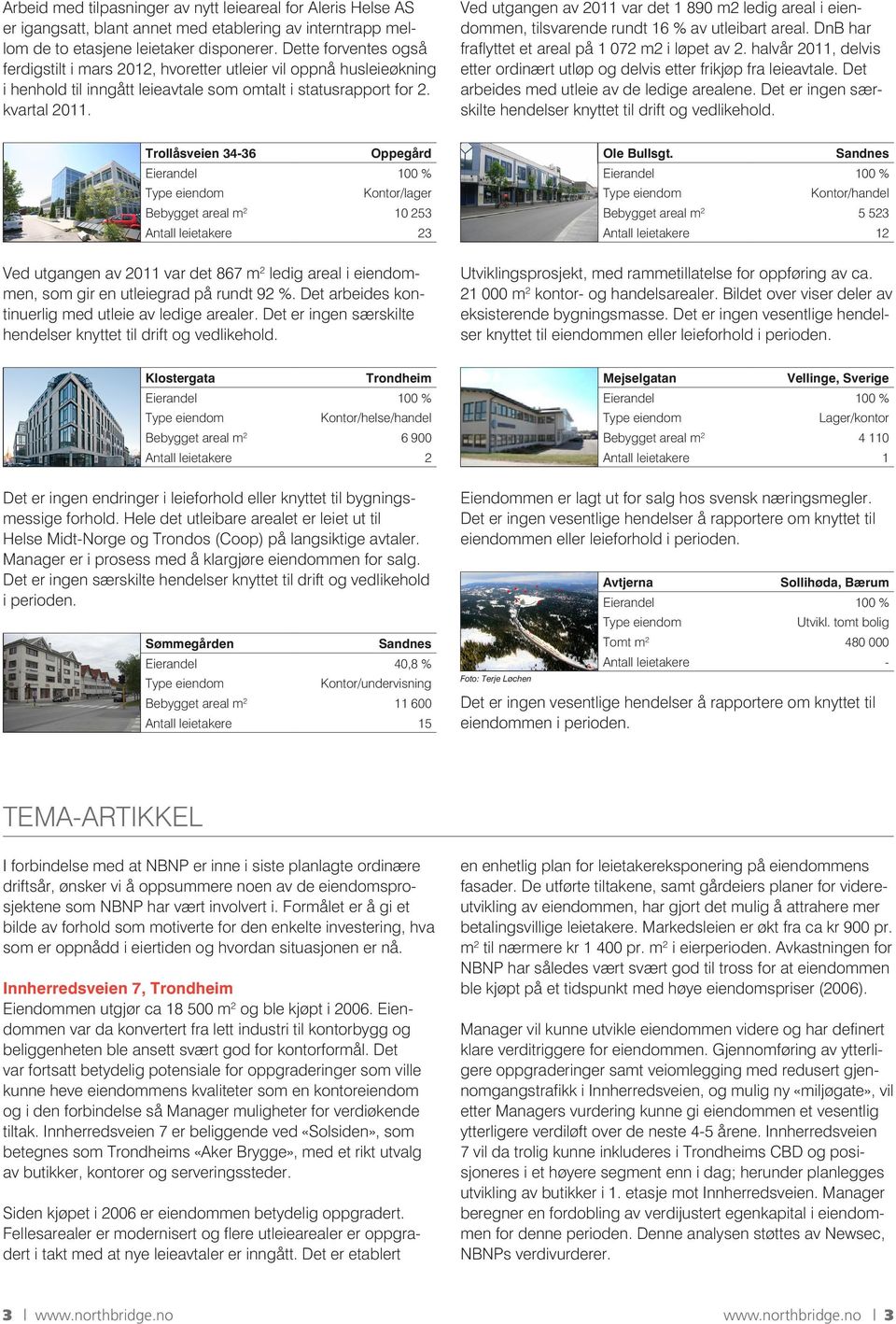 Ved utgangen av 2011 var det 1 890 m2 ledig areal i eiendommen, tilsvarende rundt 16 % av utleibart areal. DnB har fraflyttet et areal på 1 072 m2 i løpet av 2.