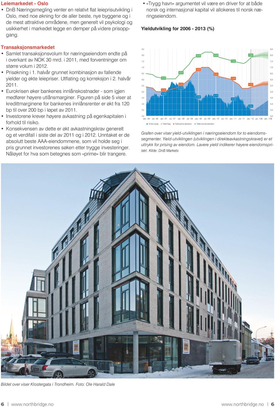 i 2011, med forventninger om større volum i 2012. Prisøkning i 1. halvår grunnet kombinasjon av fallende yielder og økte leiepriser. Utflating og korreksjon i 2. halvår 2011.