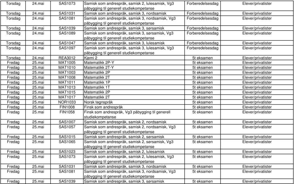 mai SAS1089 Samisk som andrespråk, samisk 3, sørsamisk, Vg3 Forberedelsesdag Torsdag 24.mai SAS1047 Samisk som andrespråk, samisk 3, lulesamisk Forberedelsesdag Torsdag 24.