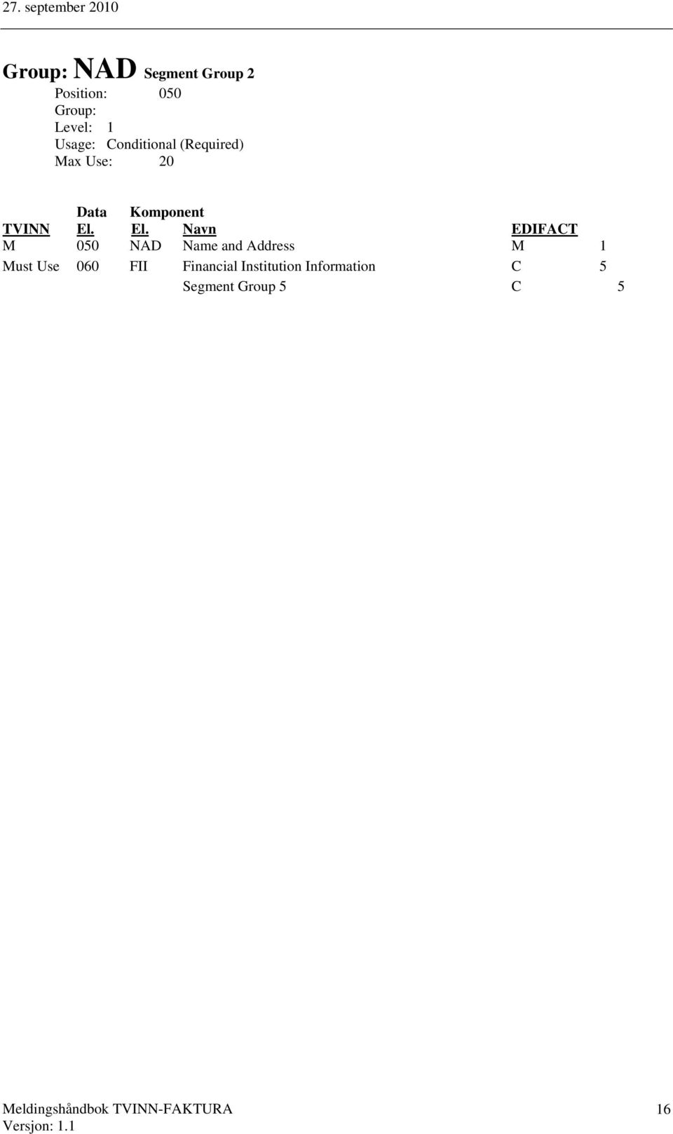 El. Navn EDIFACT M 050 NAD Name and Address M 1 Must Use