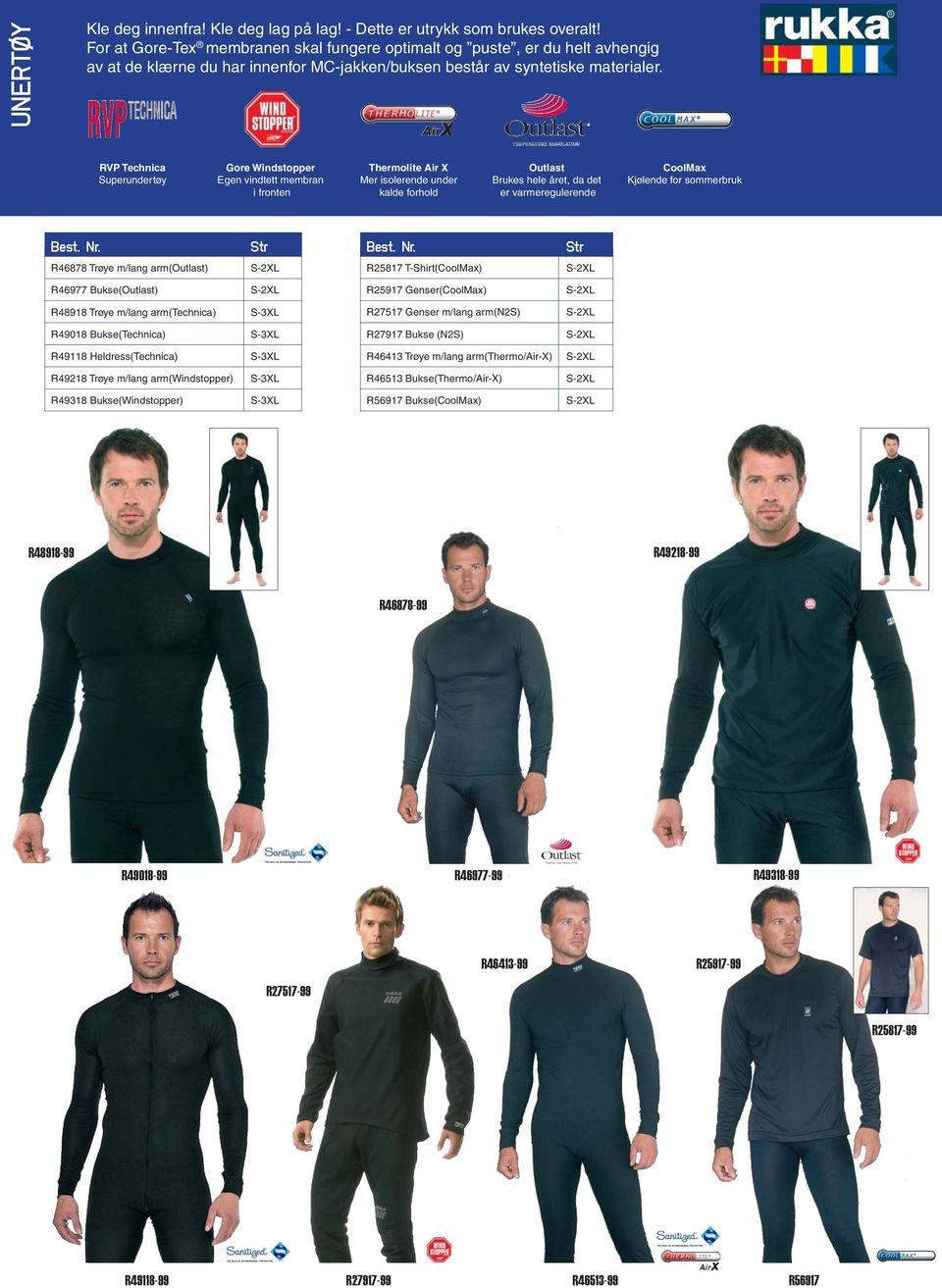 RVP Technica Superundertøy Gore Windstopper Egen vindtett membran i fronten Thermolite Air X Mer isolerende under kalde forhold Outlast Brukes hele året, da det er varmeregulerende CoolMax Kjølende