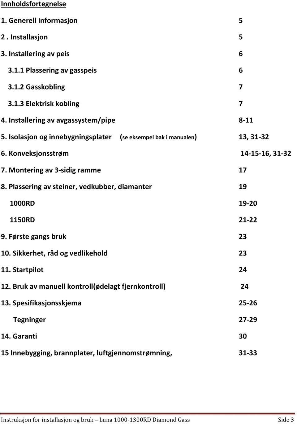 Plassering av steiner, vedkubber, diamanter 19 1000RD 19-20 1150RD 21-22 9. Første gangs bruk 23 10. Sikkerhet, råd og vedlikehold 23 11. Startpilot 24 12.