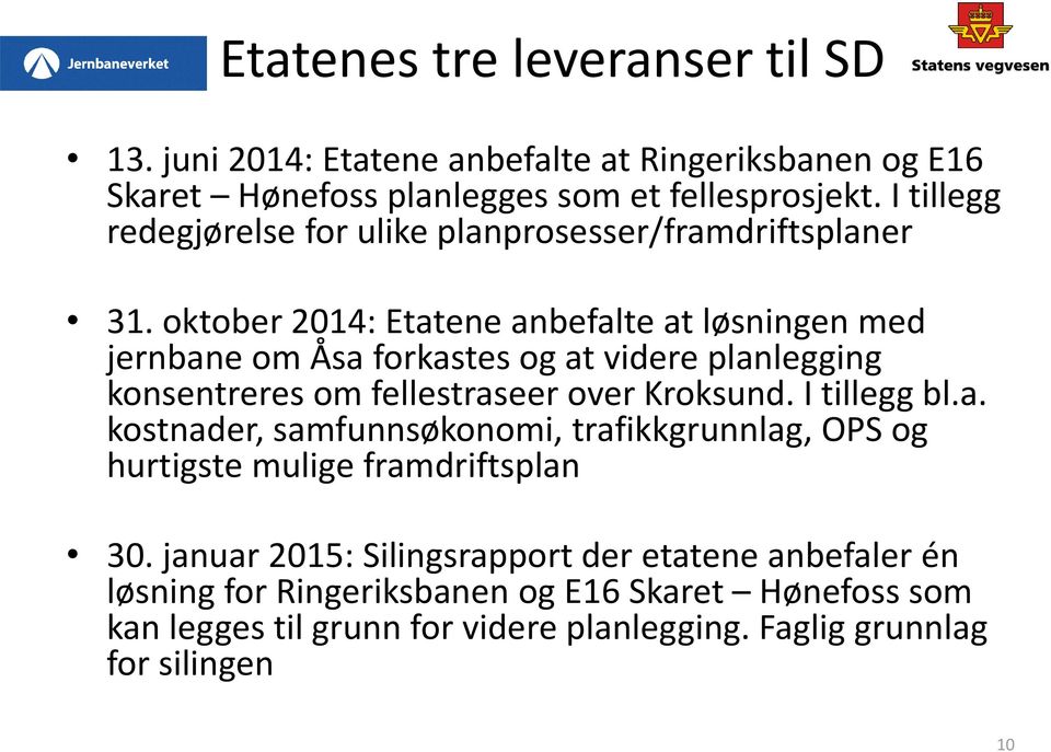 oktober 2014: Etatene anbefalte at løsningen med jernbane om Åsa forkastes og at videre planlegging konsentreres om fellestraseer over Kroksund. I tillegg bl.a. kostnader, samfunnsøkonomi, trafikkgrunnlag, OPS og hurtigste mulige framdriftsplan 30.