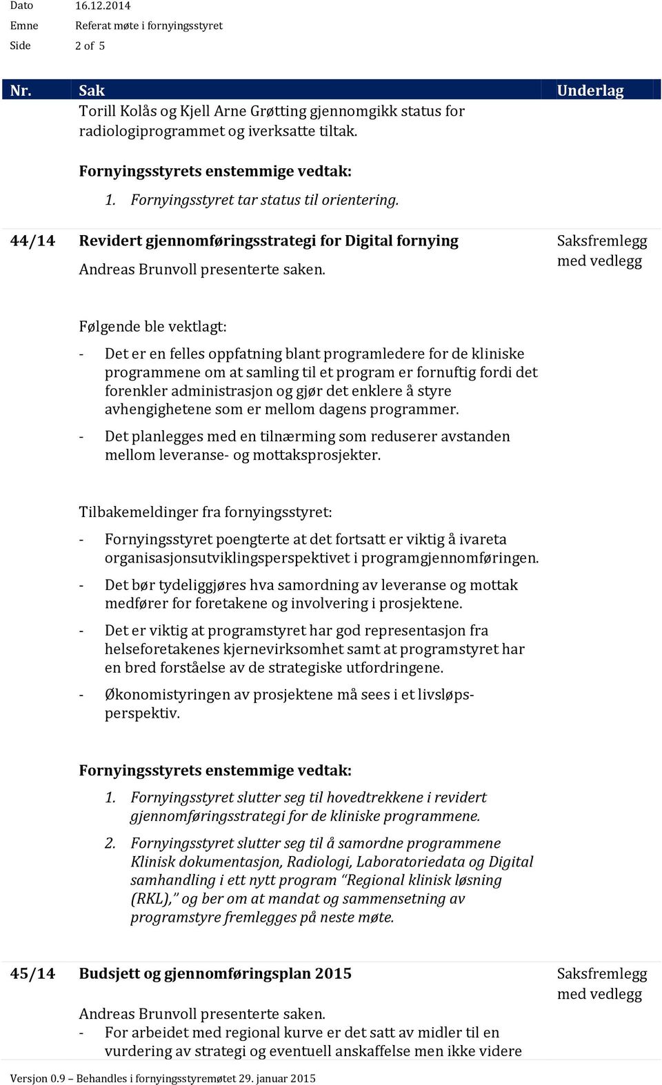 Følgende ble vektlagt: - Det er en felles oppfatning blant programledere for de kliniske programmene om at samling til et program er fornuftig fordi det forenkler administrasjon og gjør det enklere å