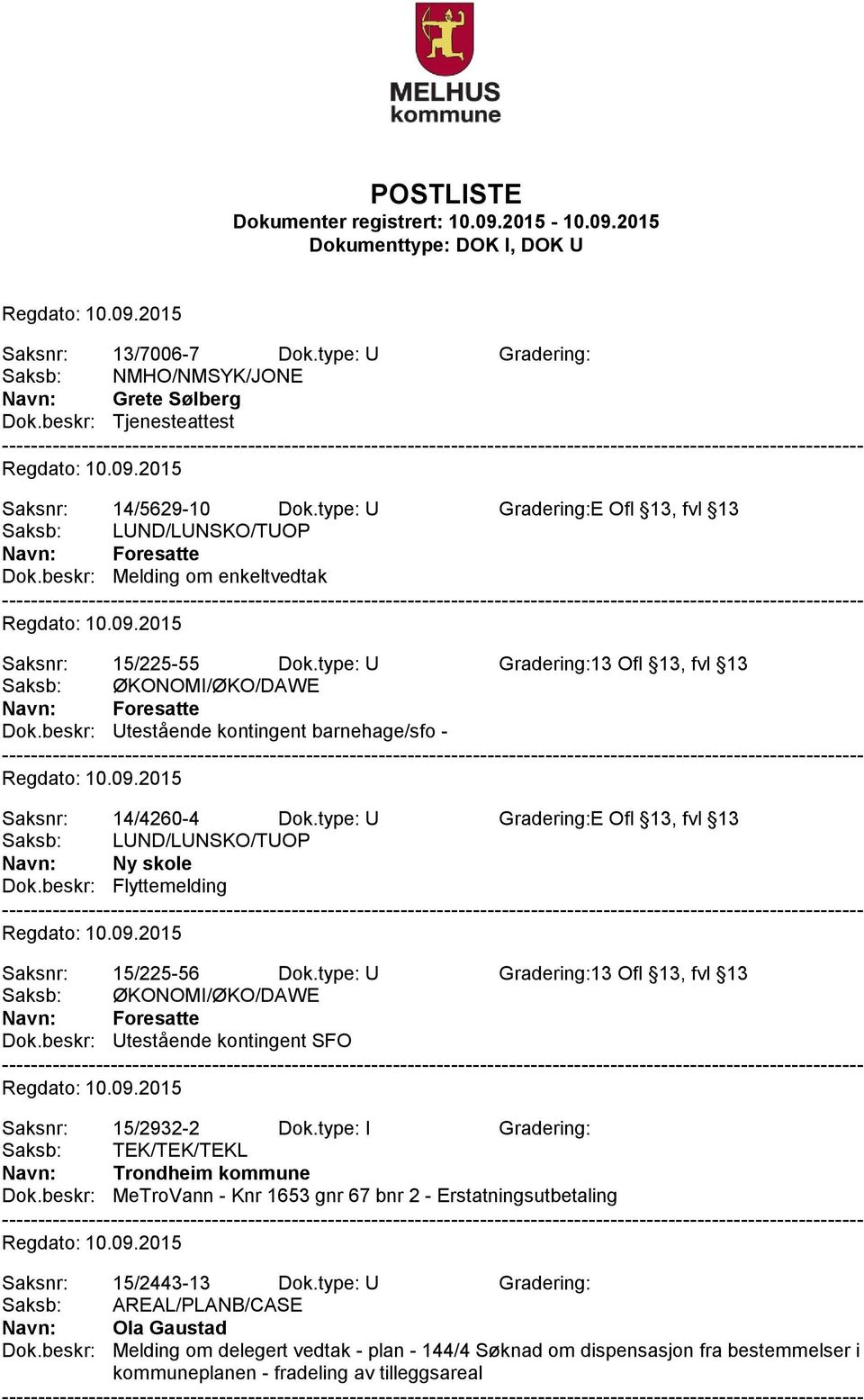 type: U Gradering:E Ofl 13, fvl 13 Saksb: LUND/LUNSKO/TUOP Navn: Ny skole Dok.beskr: Flyttemelding Saksnr: 15/225-56 Dok.type: U Gradering:13 Ofl 13, fvl 13 Saksb: ØKONOMI/ØKO/DAWE Dok.