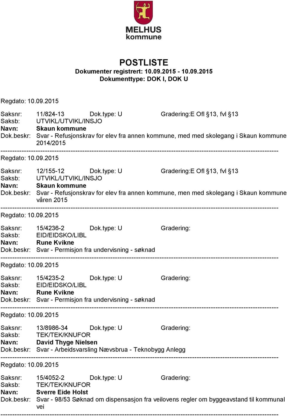 beskr: Svar - Refusjonskrav for elev fra annen kommune, men med skolegang i Skaun kommune våren 2015 Saksnr: 15/4236-2 Dok.type: U Gradering: Saksb: EID/EIDSKO/LIBL Navn: Rune Kvikne Dok.