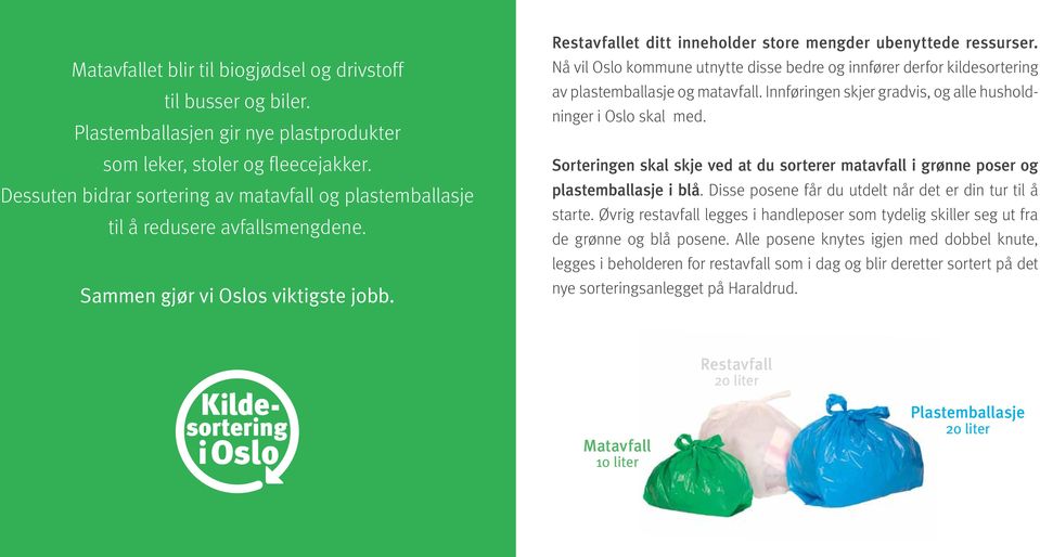 Nå vil Oslo kommune utnytte disse bedre og innfører derfor kildesortering av plastemballasje og matavfall. Innføringen skjer gradvis, og alle husholdninger i Oslo skal med.