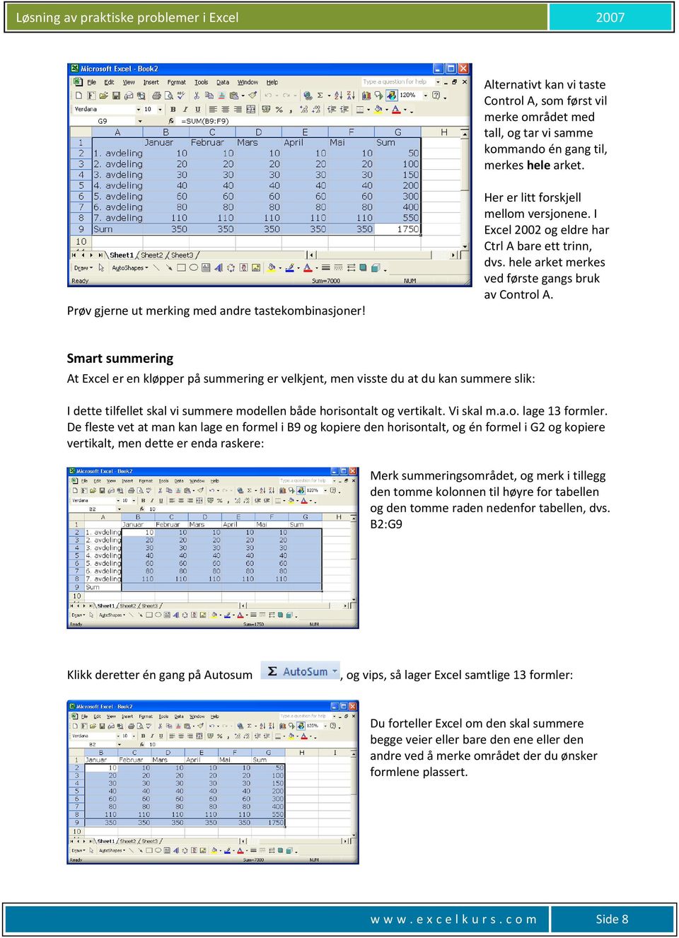 Smart summering At Excel er en kløpper på summering er velkjent, men visste du at du kan summere slik: I dette tilfellet skal vi summere modellen både horisontalt og vertikalt. Vi skal m.a.o. lage 13 formler.