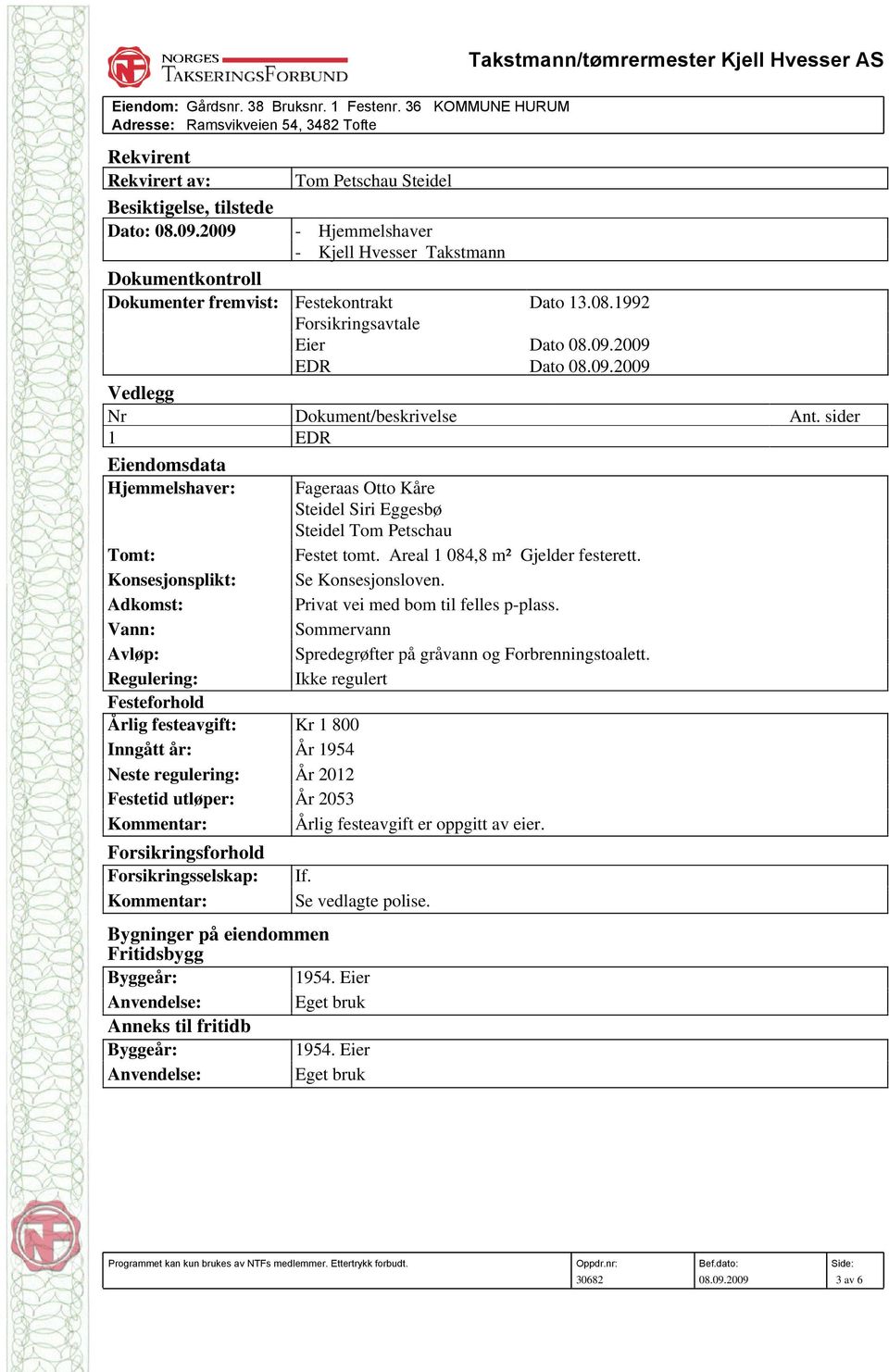 sider 1 EDR Eiendomsdata Hjemmelshaver: Tomt: Konsesjonsplikt: Adkomst: Vann: Avløp: Regulering: Festeforhold Årlig festeavgift: Kr 1 800 Inngått år: År 1954 Neste regulering: År 2012 Fageraas Otto