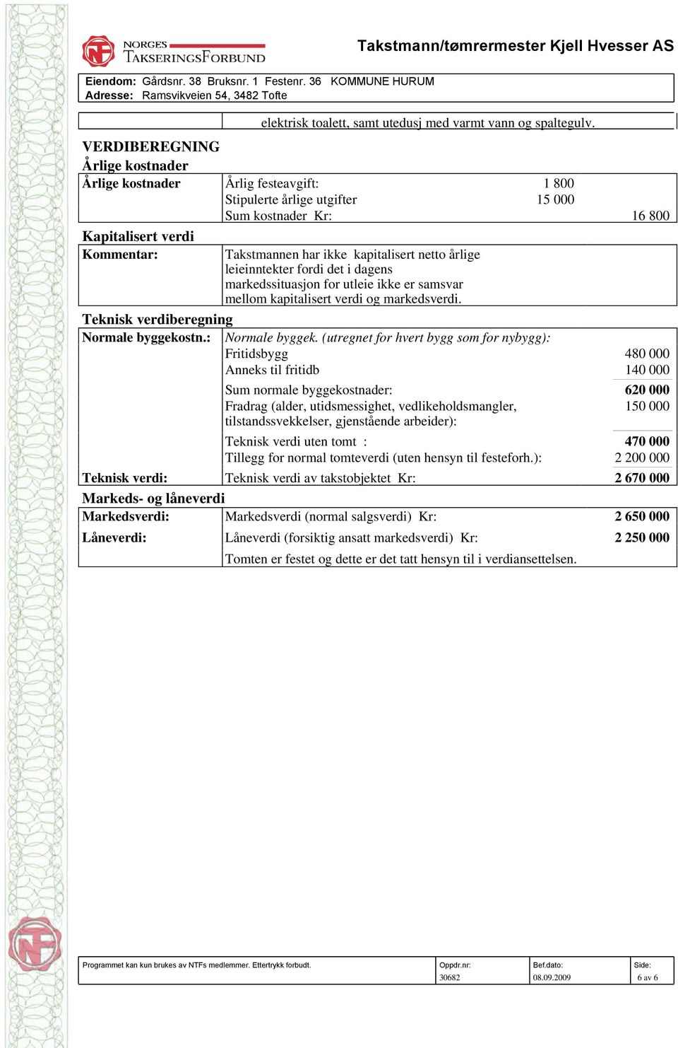 netto årlige leieinntekter fordi det i dagens markedssituasjon for utleie ikke er samsvar mellom kapitalisert verdi og markedsverdi. Teknisk verdiberegning Normale byggekostn.: Normale byggek.