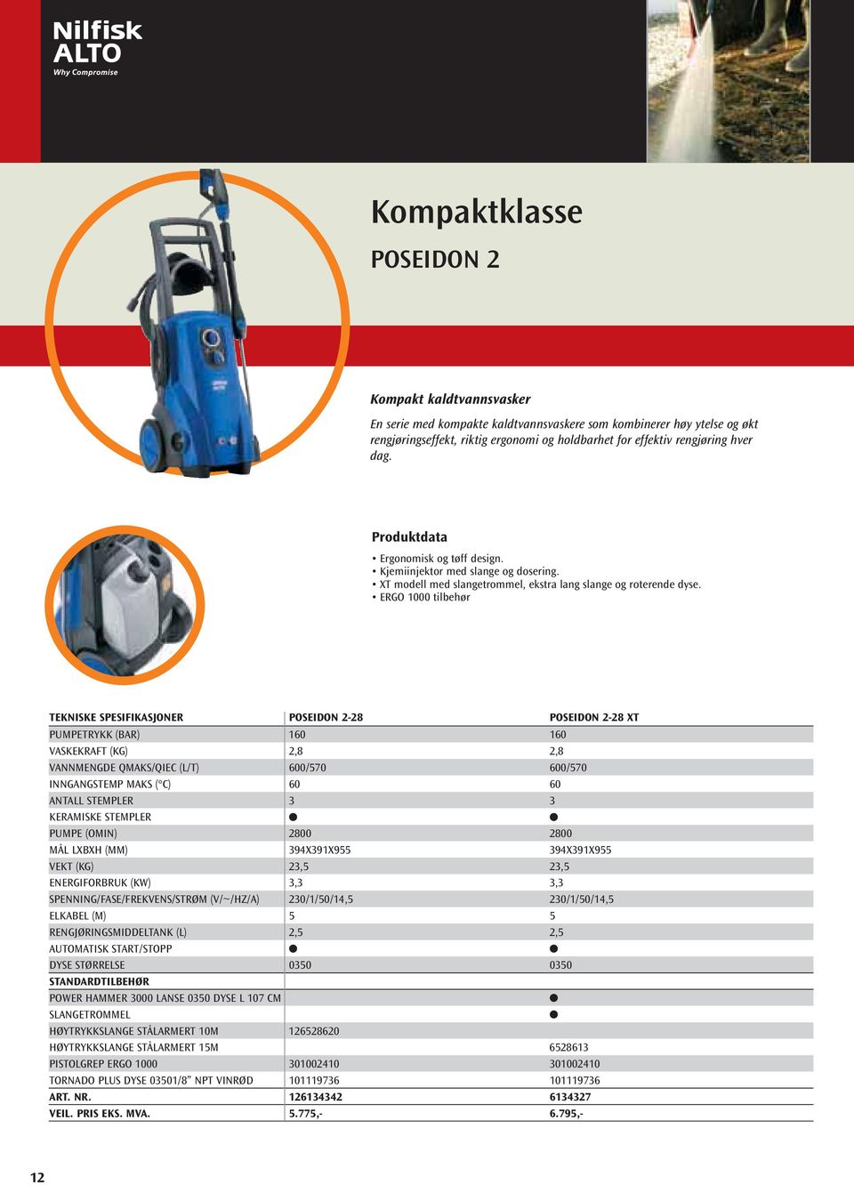 ERGO 1000 tilbehør TEKNISKE SPESIFIKASJONER POSEIDON 2-28 POSEIDON 2-28 XT PUMPETRYKK (BAR) 160 160 VASKEKRAFT (KG) 2,8 2,8 VANNMENGDE QMAKS/QIEC (L/T) 600/570 600/570 INNGANGSTEMP MAKS ( C) 60 60