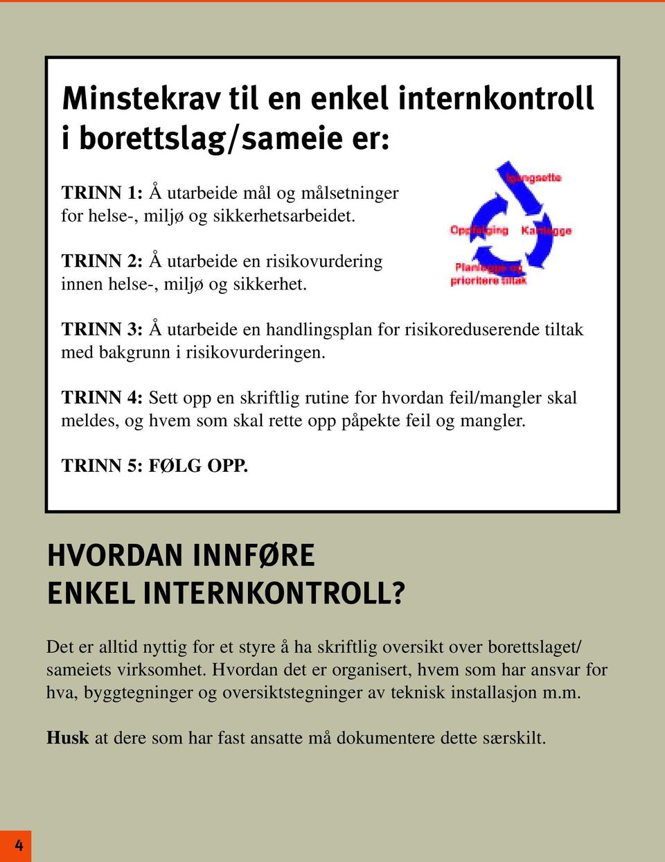 TRINN 4: Sett opp en skriftlig rutine for hvordan feil/mangler skal meldes, og hvem som skal rette opp påpekte feil og mangler. TRINN 5: FØLG OPP. HVORDAN INNFØRE ENKEL INTERNKONTROLL?