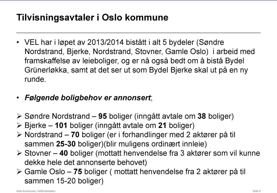 Følgende boligbehov er annonsert; Søndre Nordstrand 95 boliger (inngått avtale om 38 boliger) Bjerke 101 boliger (inngått avtale om 21 boliger) Nordstrand 70 boliger (er i forhandlinger med 2