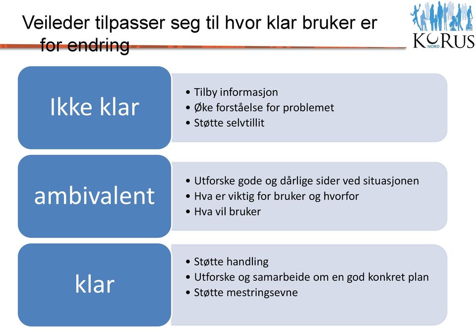 gode og dårlige sider ved situasjonen Hva er viktig for bruker og hvorfor Hva vil