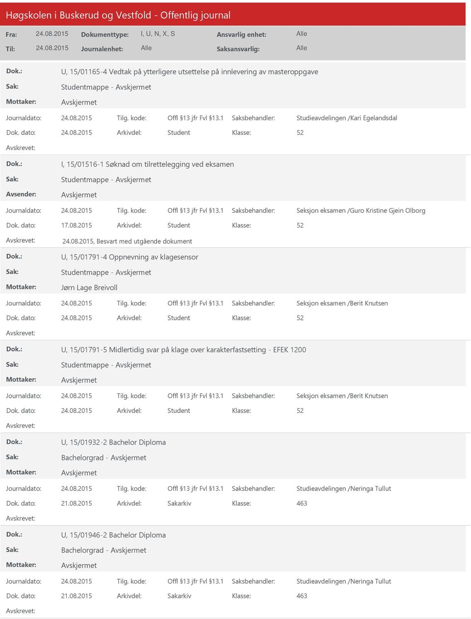 2015 Arkivdel: Student, Besvart med utgående dokument U, 15/01791-4 Oppnevning av klagesensor Studentmappe - Jørn Lage Breivoll Seksjon eksamen /Berit Knutsen Dok.