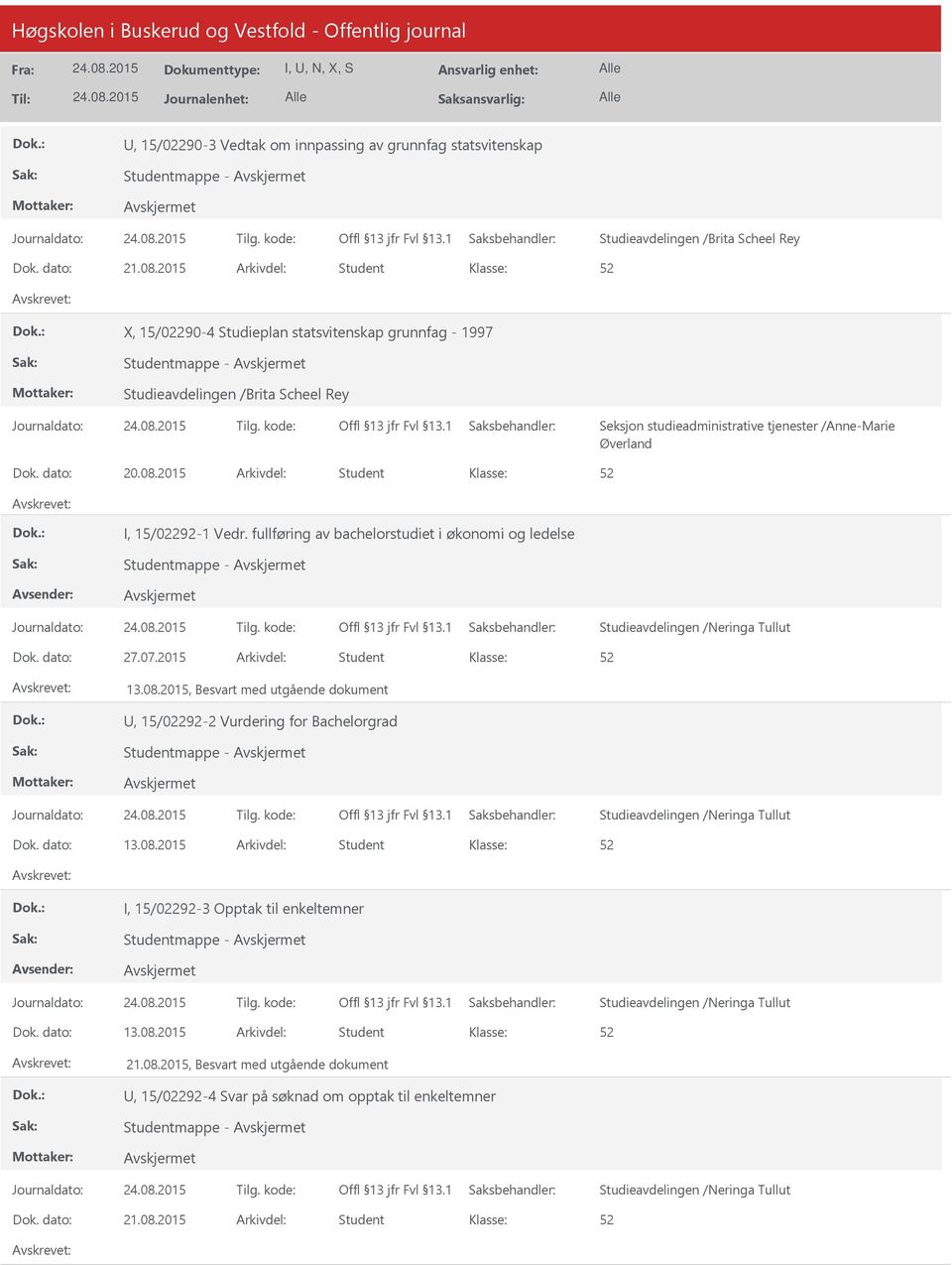 dato: 20.08.2015 Arkivdel: Student I, 15/02292-1 Vedr. fullføring av bachelorstudiet i økonomi og ledelse Studentmappe - Dok. dato: 27.07.2015 Arkivdel: Student 13.08.2015, Besvart med utgående dokument U, 15/02292-2 Vurdering for Bachelorgrad Studentmappe - Dok.