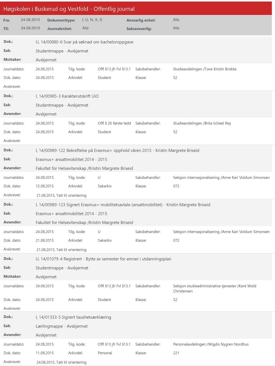 dato: Arkivdel: Student I, 14/00989-122 Bekreftelse på Erasmus+ opphold våren 2015 - Kristin Margrete Briseid Erasmus+ ansattmobilitet 2014-2015 Fakultet for Helsevitenskap /Kristin Margrete Briseid